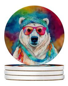 Hippie Animal Polar Bear Large Sandstone Coasters Pack of 4 Absorbent Round Coasters Decor Gifts for Men or Women, 4 in, Multicolor
