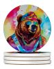 Hippie Animal Grizzly Bear Large Sandstone Coasters Pack of 4 Absorbent Round Coasters Decor Gifts for Men or Women, 4 in, Multicolor