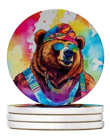 Hippie Animal Grizzly Bear Large Sandstone Coasters Pack of 4 Absorbent Round Coasters Decor Gifts for Men or Women, 4 in, Multicolor