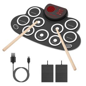 10 Pads Electric Drum Set Foldable 10-Drum Silicon Drum Kit Foldable Electronic Drum Pad Machine with Drum Sticks Headphone Jack Speaker Battery