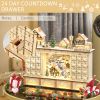 HOMCOM Christmas Advent Calendar, Light Up Table Xmas Wooden Store Holiday Decoration with Countdown Drawer, Village, for Kids and Adults, Natural