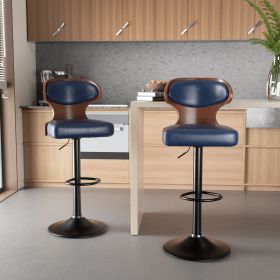 The 2-piece PU leather bar stool set features high-density foam and an L-shaped curved backrest (Color: Blue)