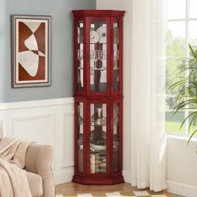Corner Curio Cabinet Lighted Corner Display, Glass Display Shelf Shelving Bar cabinet with Tempered Glass Door, Bar Cabinet (material: MDF+glass, Color: Cherry)