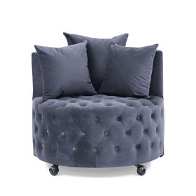Velvet Upholstered Swivel Chair for Living Room, with Button Tufted Design and Movable Wheels, Including 3 Pillows (Color: GREY)