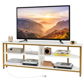 3-Tier Corner TV Stand for TVs up to 65 Inches with Charging Station (Color: White)