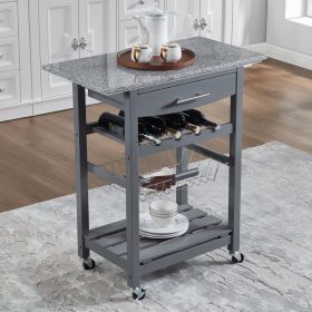 Mobile Rolling Kitchen Island Trolley Serving Cart with Underneath Drawer & Slide-Out Wire Storage Basket (Main Color: Grey, Main Material: Marble+Metal)