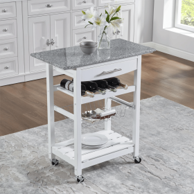 Mobile Rolling Kitchen Island Trolley Serving Cart with Underneath Drawer & Slide-Out Wire Storage Basket (Main Color: White, Main Material: Marble+Metal)